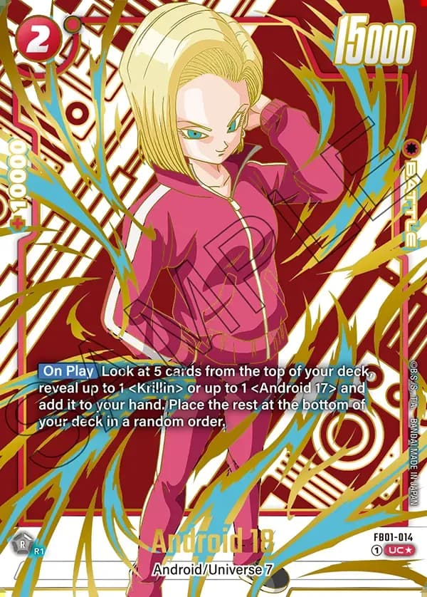 2025 Dragon Ball Super Card Game Fusion World New Adventure (FB05) #FB01-014 Android 18 Parallel; official card image from the Bandai card database; publisher sample markings retained
