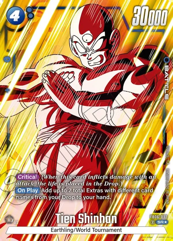 2025 Dragon Ball Super Card Game Fusion World Rivals Clash (FB06) #FB06-032 Tien Shinhan Parallel; official card image from the Bandai card database; publisher sample markings retained