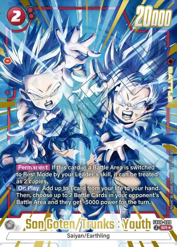 2025 Dragon Ball Super Card Game Fusion World Saiyan's Pride (FB08) #FB08-009 Son Goten/Trunks : Youth Parallel; official card image from the Bandai card database; publisher sample markings retained