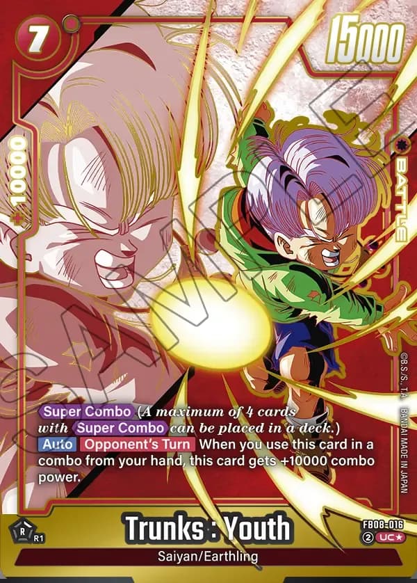 2025 Dragon Ball Super Card Game Fusion World Saiyan's Pride (FB08) #FB08-016 Trunks : Youth Parallel; official card image from the Bandai card database; publisher sample markings retained