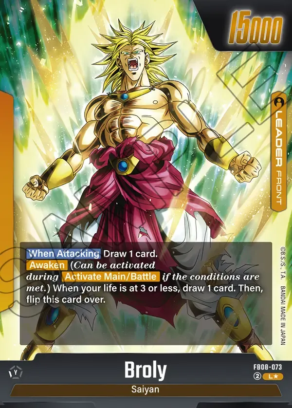 2025 Dragon Ball Super Card Game Fusion World Saiyan's Pride (FB08) #FB08-073 Broly Parallel; official card image from the Bandai card database; publisher sample markings retained