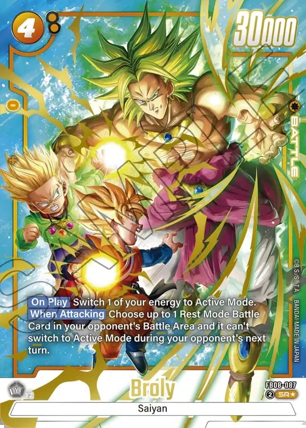 2025 Dragon Ball Super Card Game Fusion World Saiyan's Pride (FB08) #FB08-087 Broly Parallel; official card image from the Bandai card database; publisher sample markings retained