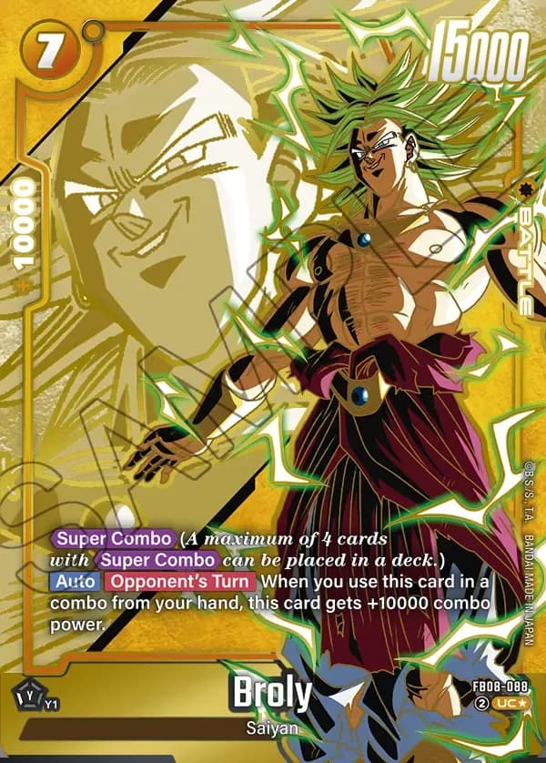 2025 Dragon Ball Super Card Game Fusion World Saiyan's Pride (FB08) #FB08-088 Broly Parallel; official card image from the Bandai card database; publisher sample markings retained