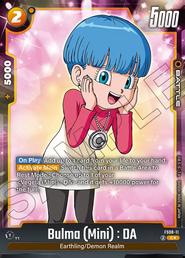 2025 Dragon Ball Super Card Game Fusion World Starter Deck Vegeta (Mini) Super Saiyan 3 (FS08) #FS08-11 Bulma (Mini) : DA Parallel; official card image from the Bandai card database; publisher sample markings retained