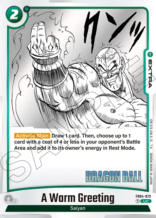 2025 Dragon Ball Super Card Game Fusion World Manga Booster 01 (SB01) #FB04-073 A Warm Greeting Parallel; official card image from the Bandai card database; publisher sample markings retained