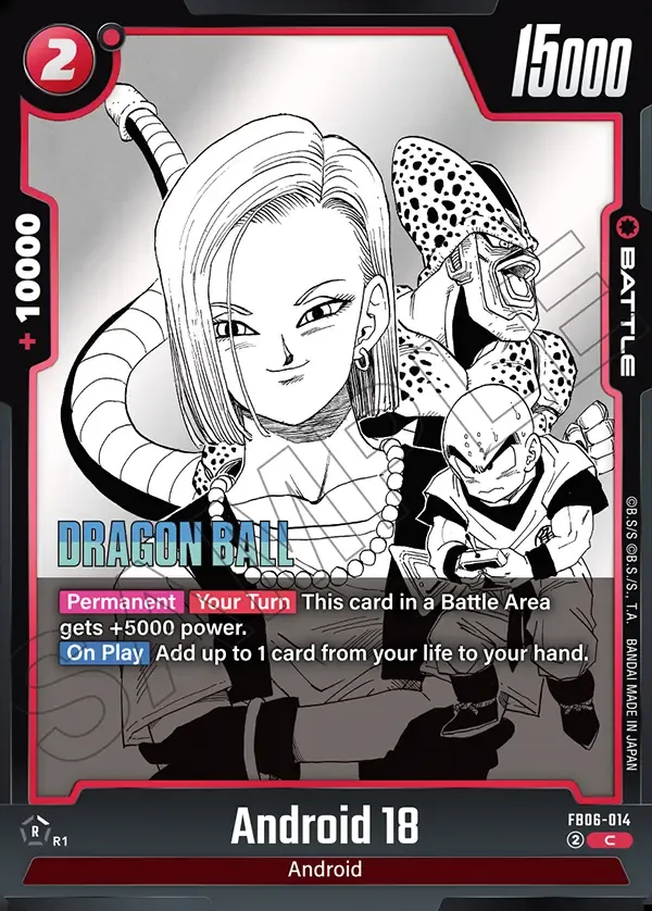 2025 Dragon Ball Super Card Game Fusion World Manga Booster 01 (SB01) #FB06-014 Android 18 Parallel; official card image from the Bandai card database; publisher sample markings retained