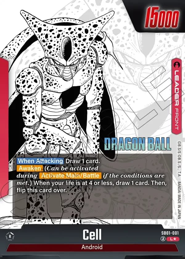 2025 Dragon Ball Super Card Game Fusion World Manga Booster 01 (SB01) #SB01-001 Cell Parallel; official card image from the Bandai card database; publisher sample markings retained