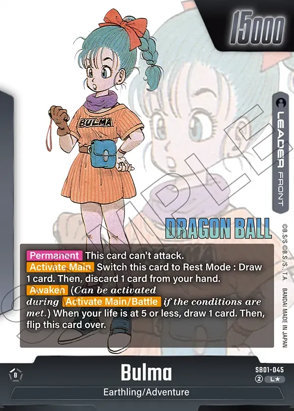 2025 Dragon Ball Super Card Game Fusion World Manga Booster 01 (SB01) #SB01-045 Bulma Parallel; official card image from the Bandai card database; publisher sample markings retained