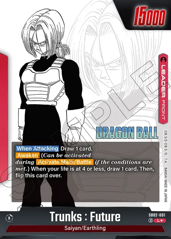 2025 Dragon Ball Super Card Game Fusion World Manga Booster 02 (SB02) #SB02-001 Trunks : Future Parallel; official card image from the Bandai card database; publisher sample markings retained
