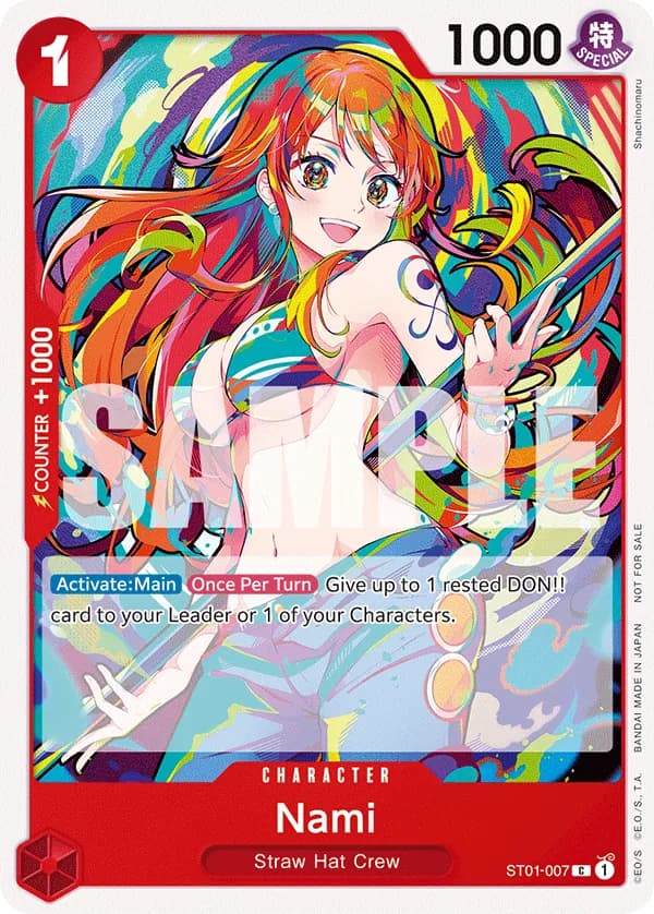 2025 One Piece Card Game 2025 NEW YEAR EVENT #ST01-007 Nami Parallel; official card image from the Bandai card list; publisher sample markings retained