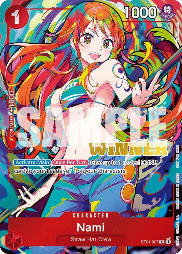2025 One Piece Card Game 2025 NEW YEAR EVENT #ST01-007 Nami Parallel; official card image from the Bandai card list; publisher sample markings retained
