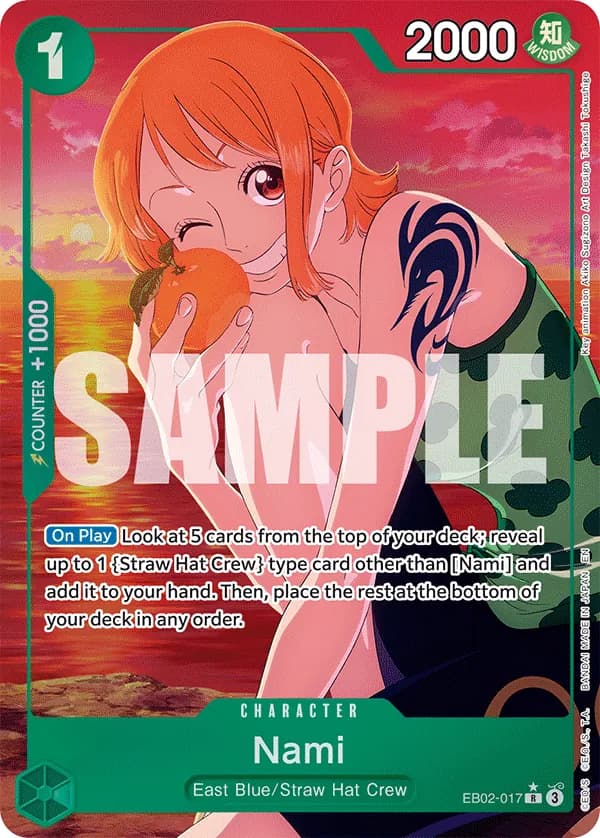 2025 One Piece Card Game Anime 25th Collection (EB-02) #EB02-017 Nami Parallel; official card image from the Bandai card list; publisher sample markings retained