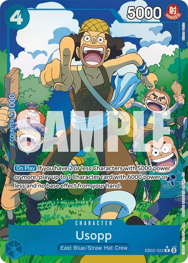 2025 One Piece Card Game Anime 25th Collection (EB-02) #EB02-022 Usopp Parallel; official card image from the Bandai card list; publisher sample markings retained