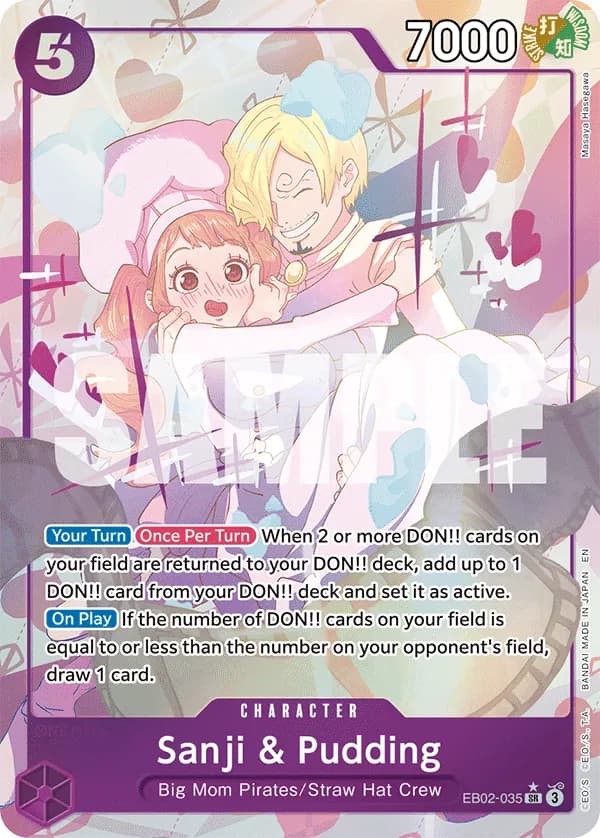 2025 One Piece Card Game Anime 25th Collection (EB-02) #EB02-035 Sanji & Pudding Parallel; official card image from the Bandai card list; publisher sample markings retained