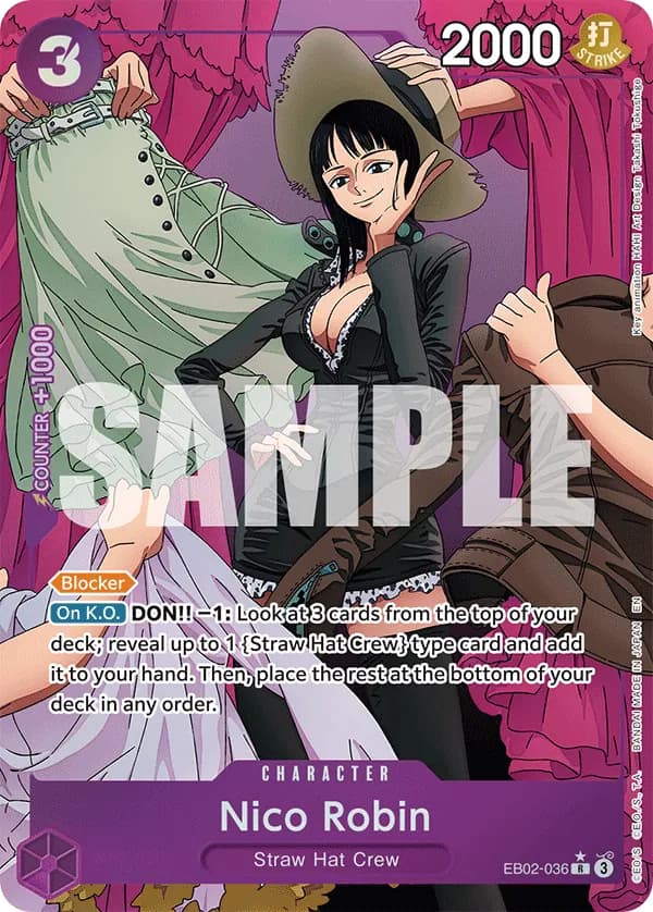 2025 One Piece Card Game Anime 25th Collection (EB-02) #EB02-036 Nico Robin Parallel; official card image from the Bandai card list; publisher sample markings retained