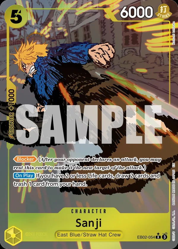 2025 One Piece Card Game Anime 25th Collection (EB-02) #EB02-054 Sanji Parallel; official card image from the Bandai card list; publisher sample markings retained