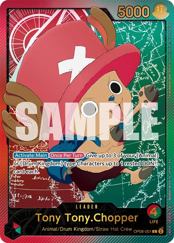 2025 One Piece Card Game Anime 25th Collection (EB-02) #OP08-001 Tony Tony.Chopper Parallel; official card image from the Bandai card list; publisher sample markings retained