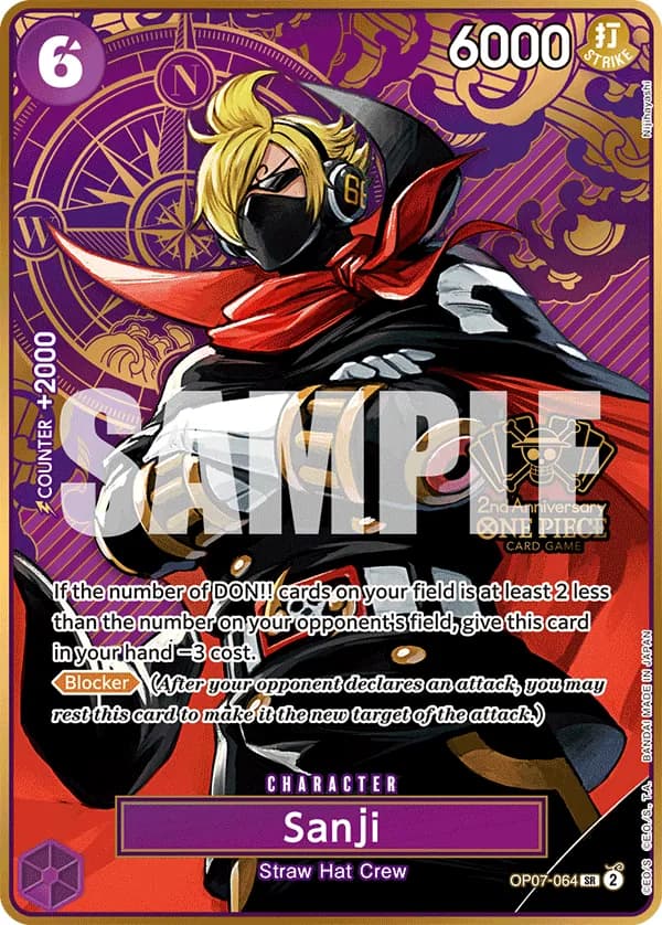 2025 One Piece Card Game Japanese 2nd Anniversary Set #OP07-064 Sanji Parallel; official card image from the Bandai card list; publisher sample markings retained
