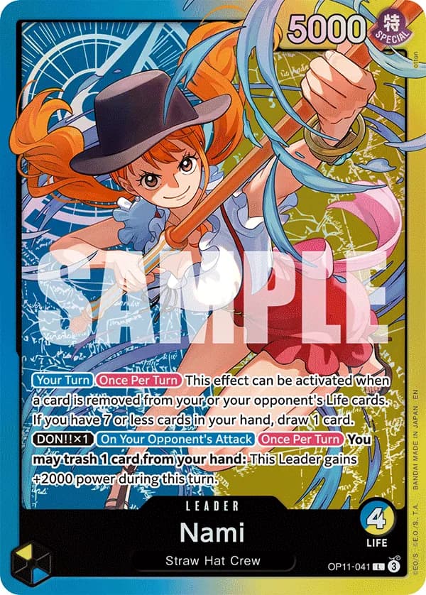 2025 One Piece Card Game Learn Together Deck Set #OP11-041 Nami Parallel; official card image from the Bandai card list; publisher sample markings retained