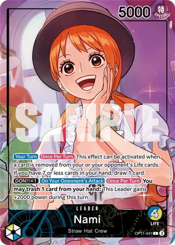 2025 One Piece Card Game Official Playmat & Card Set -Whole Cake Island Arc- #OP11-041 Nami Parallel; official card image from the Bandai card list; publisher sample markings retained
