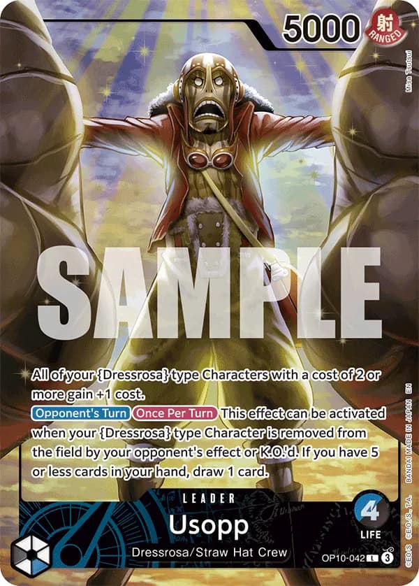 2025 One Piece Card Game Official Playmat Limited Edition Vol.3 #OP10-042 Usopp Parallel; official card image from the Bandai card list; publisher sample markings retained