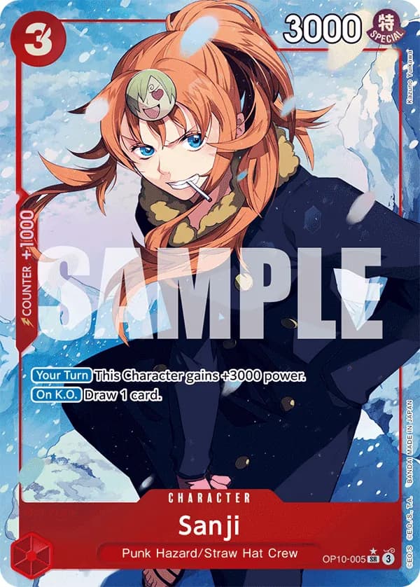 2025 One Piece Card Game Royal Blood (OP-10) #OP10-005 Sanji Parallel; official card image from the Bandai card list; publisher sample markings retained