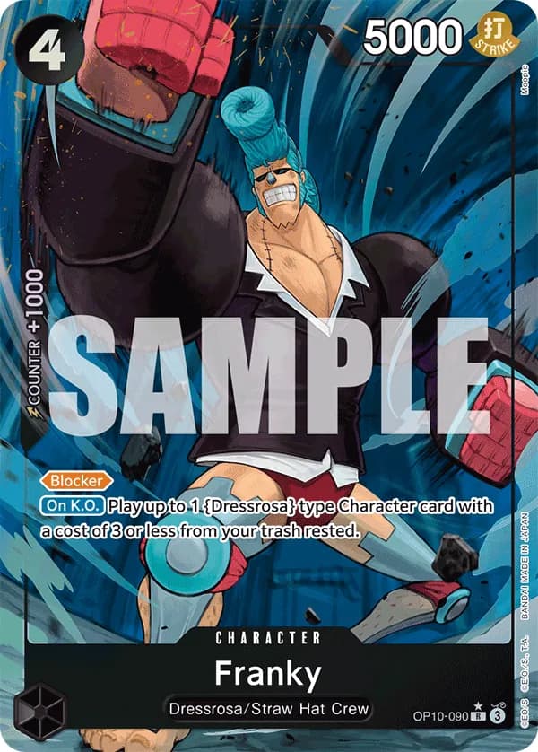 2025 One Piece Card Game Royal Blood (OP-10) #OP10-090 Franky Parallel; official card image from the Bandai card list; publisher sample markings retained