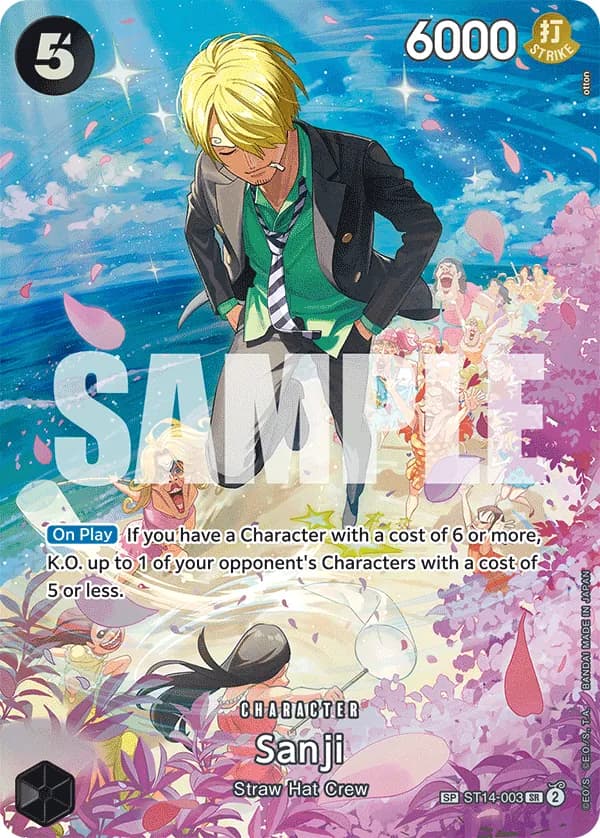 2025 One Piece Card Game Royal Blood (OP-10) #ST14-003 Sanji Parallel; official card image from the Bandai card list; publisher sample markings retained