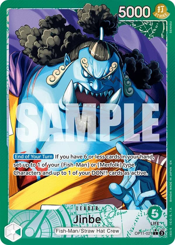 2025 One Piece Card Game A Fist of Divine Speed (OP-11) #OP11-021 Jinbe Parallel; official card image from the Bandai card list; publisher sample markings retained