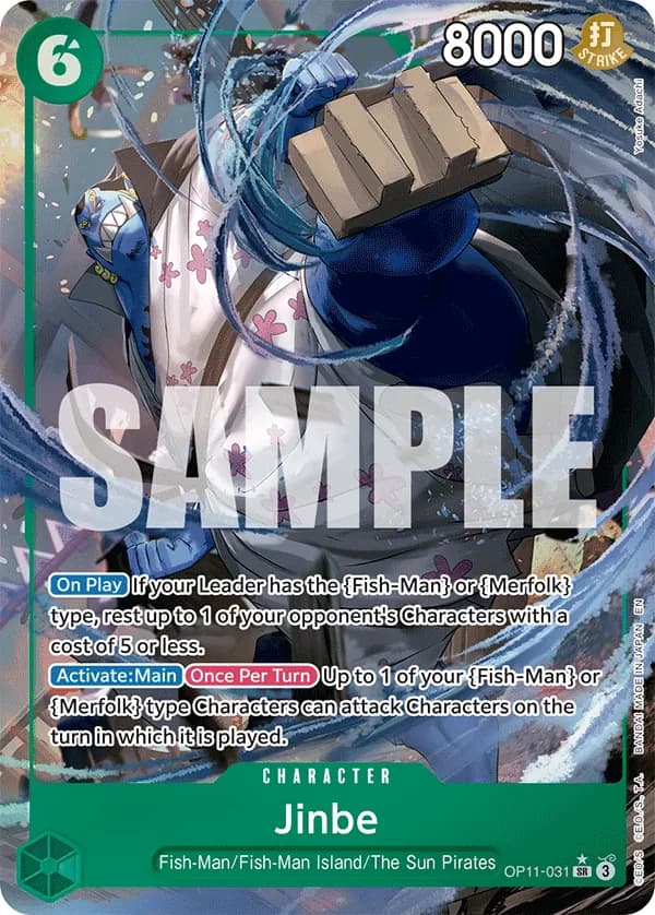 2025 One Piece Card Game A Fist of Divine Speed (OP-11) #OP11-031 Jinbe Parallel; official card image from the Bandai card list; publisher sample markings retained