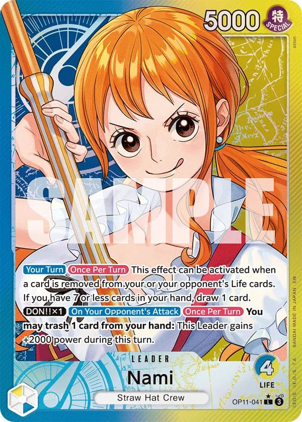 2025 One Piece Card Game A Fist of Divine Speed (OP-11) #OP11-041 Nami Parallel; official card image from the Bandai card list; publisher sample markings retained