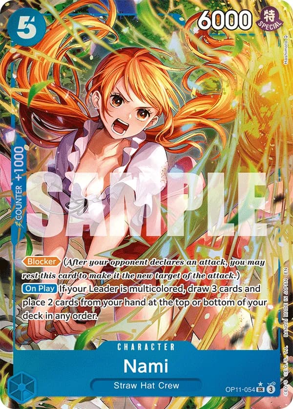 2025 One Piece Card Game A Fist of Divine Speed (OP-11) #OP11-054 Nami Parallel; official card image from the Bandai card list; publisher sample markings retained