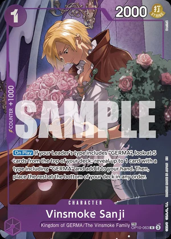 2025 One Piece Card Game Legacy of the Master (OP-12) #OP10-063 Vinsmoke Sanji Parallel; official card image from the Bandai card list; publisher sample markings retained