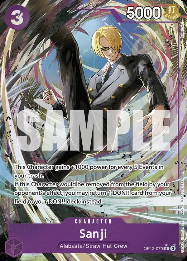 2025 One Piece Card Game Legacy of the Master (OP-12) #OP12-070 Sanji Parallel; official card image from the Bandai card list; publisher sample markings retained