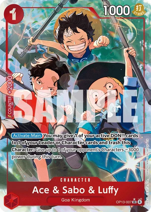 2025 One Piece Card Game Carrying on His Will (OP-13) #OP13-007 Ace & Sabo & Luffy Parallel; official card image from the Bandai card list; publisher sample markings retained