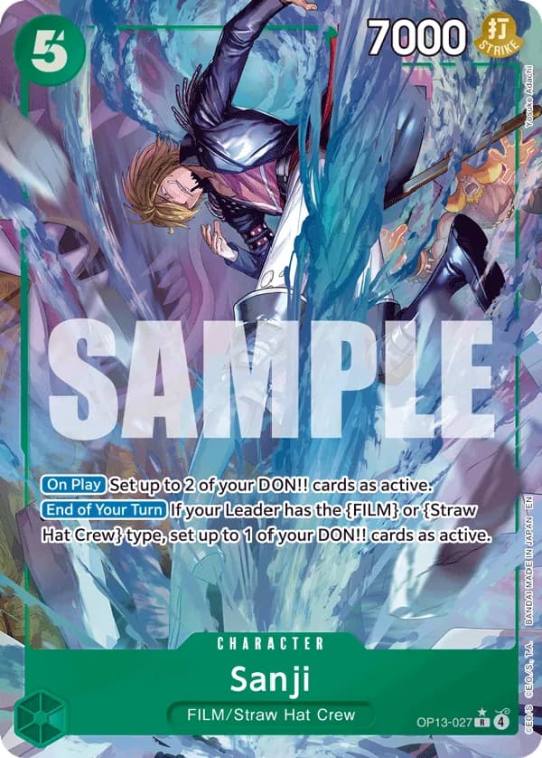 2025 One Piece Card Game Carrying on His Will (OP-13) #OP13-027 Sanji Parallel; official card image from the Bandai card list; publisher sample markings retained