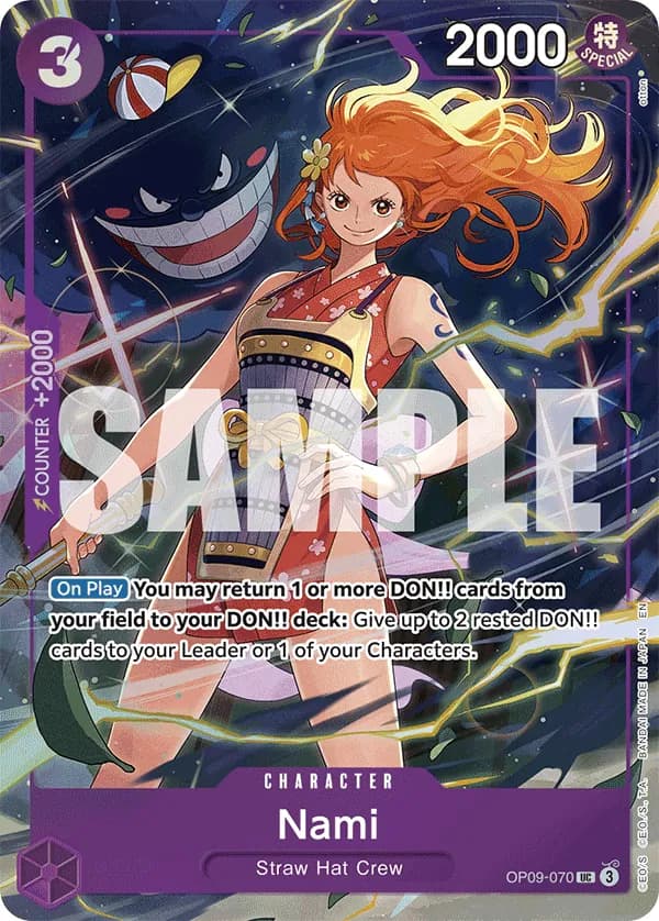 2025 One Piece Card Game Premium Card Collection -Best Selection Vol.4- #OP09-070 Nami Parallel; official card image from the Bandai card list; publisher sample markings retained