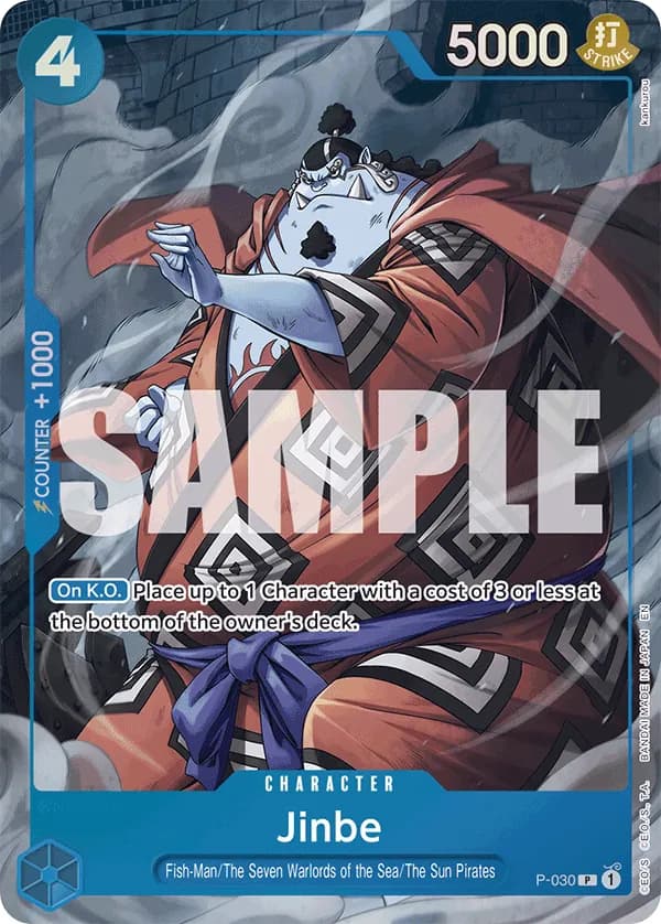 2025 One Piece Card Game Seven Warlords of the Sea Binder Set #P-030 Jinbe Parallel; official card image from the Bandai card list; publisher sample markings retained