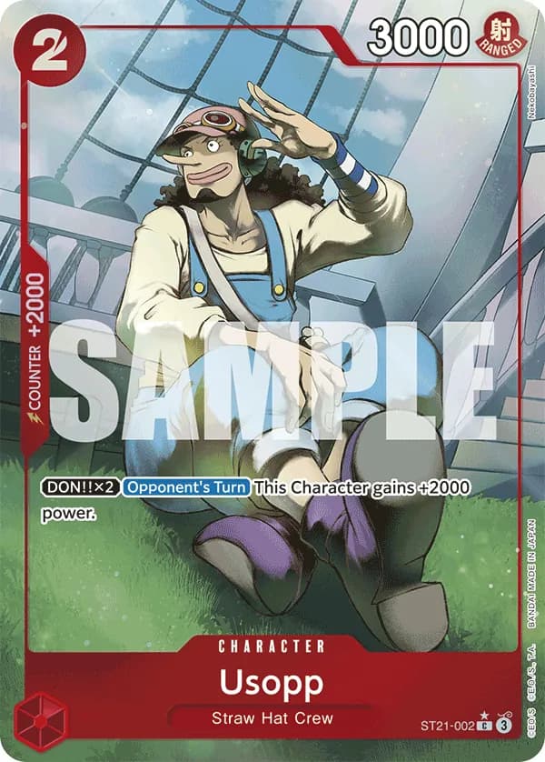 2025 One Piece Card Game GEAR5 (ST-21) #ST21-002 Usopp Parallel; official card image from the Bandai card list; publisher sample markings retained
