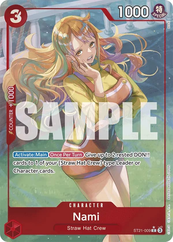 2025 One Piece Card Game GEAR5 (ST-21) #ST21-009 Nami Parallel; official card image from the Bandai card list; publisher sample markings retained