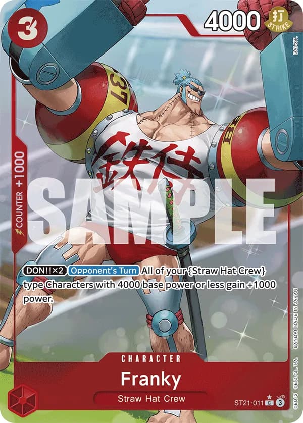 2025 One Piece Card Game GEAR5 (ST-21) #ST21-011 Franky Parallel; official card image from the Bandai card list; publisher sample markings retained