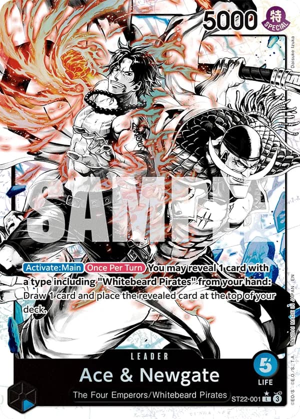 2025 One Piece Card Game Ace & Newgate (ST-22) #ST22-001 Ace & Newgate Parallel; official card image from the Bandai card list; publisher sample markings retained