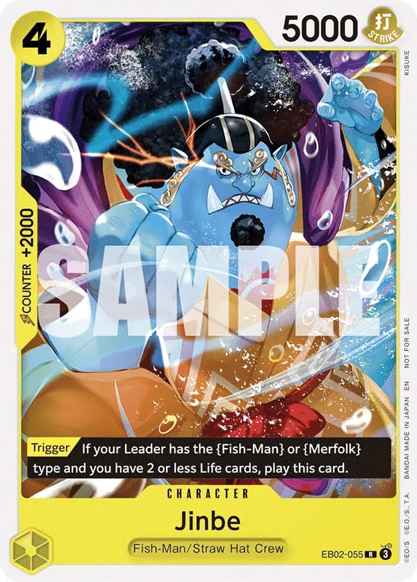 2025 One Piece Card Game Tournament Pack 2025 Vol. 3 #EB02-055 Jinbe Parallel; official card image from the Bandai card list; publisher sample markings retained