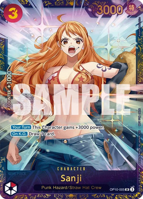 2025 One Piece Card Game Treasure Cup November 2025~ #OP10-005 Sanji Parallel; official card image from the Bandai card list; publisher sample markings retained