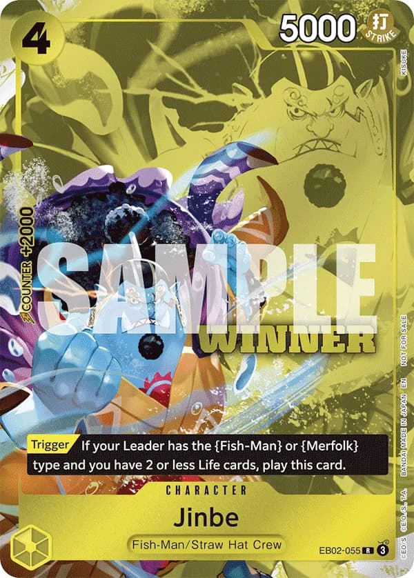 2025 One Piece Card Game Winner Pack 2025 Vol. 3 #EB02-055 Jinbe Parallel; official card image from the Bandai card list; publisher sample markings retained