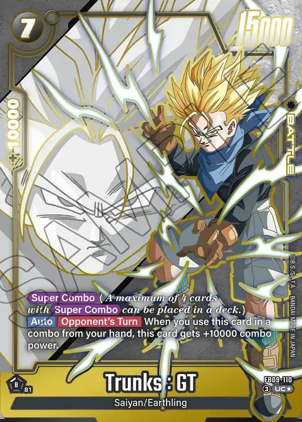 2026 Dragon Ball Super Card Game Fusion World Dual Evolution (FB09) #FB09-110 Trunks : GT Parallel; official card image from the Bandai card database; publisher sample markings retained