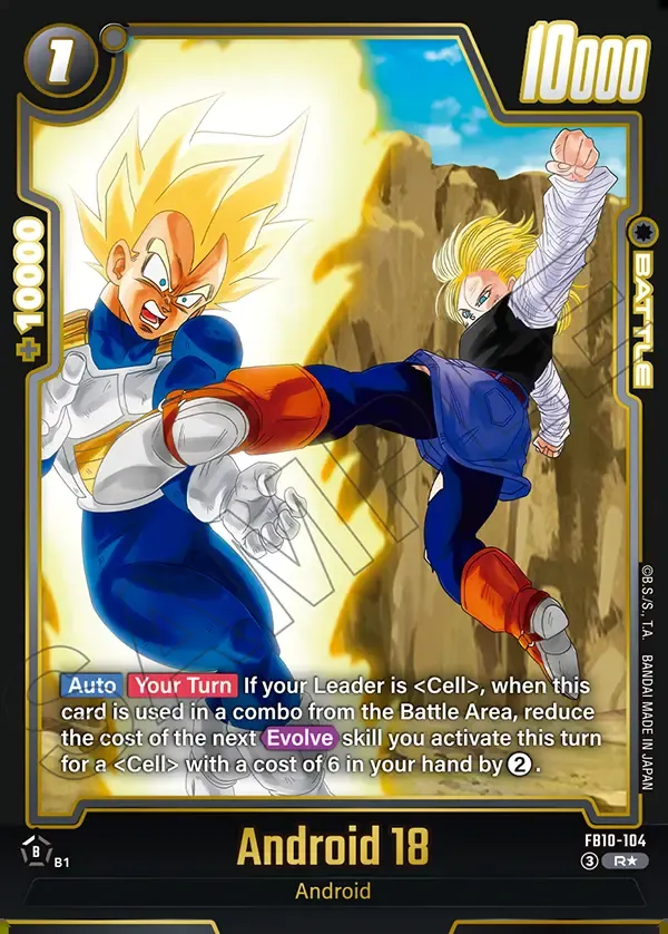 2026 Dragon Ball Super Card Game Fusion World Cross Force (FB10) #FB10-104 Android 18 Parallel; official card image from the Bandai card database; publisher sample markings retained