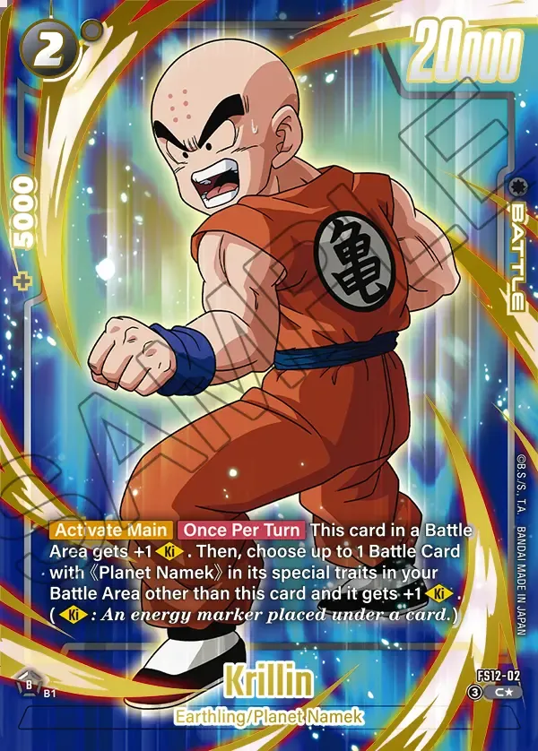 2026 Dragon Ball Super Card Game Fusion World Starter Deck EX The Beat of Ki (FS12) #FS12-02 Krillin Parallel; official card image from the Bandai card database; publisher sample markings retained
