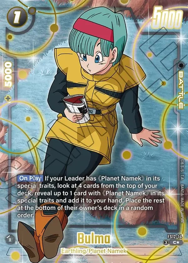 2026 Dragon Ball Super Card Game Fusion World Starter Deck EX The Beat of Ki (FS12) #FS12-14 Bulma Parallel; official card image from the Bandai card database; publisher sample markings retained