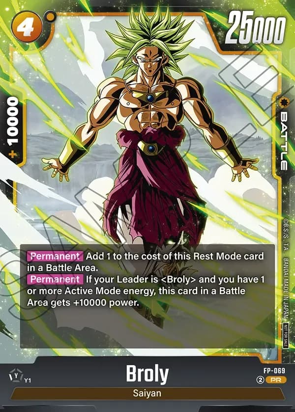 2026 Dragon Ball Super Card Game Fusion World Ultimate Battle 2026 Vol.1 Participation #FP-069 Broly; official card image from the Bandai card database; publisher sample markings retained
